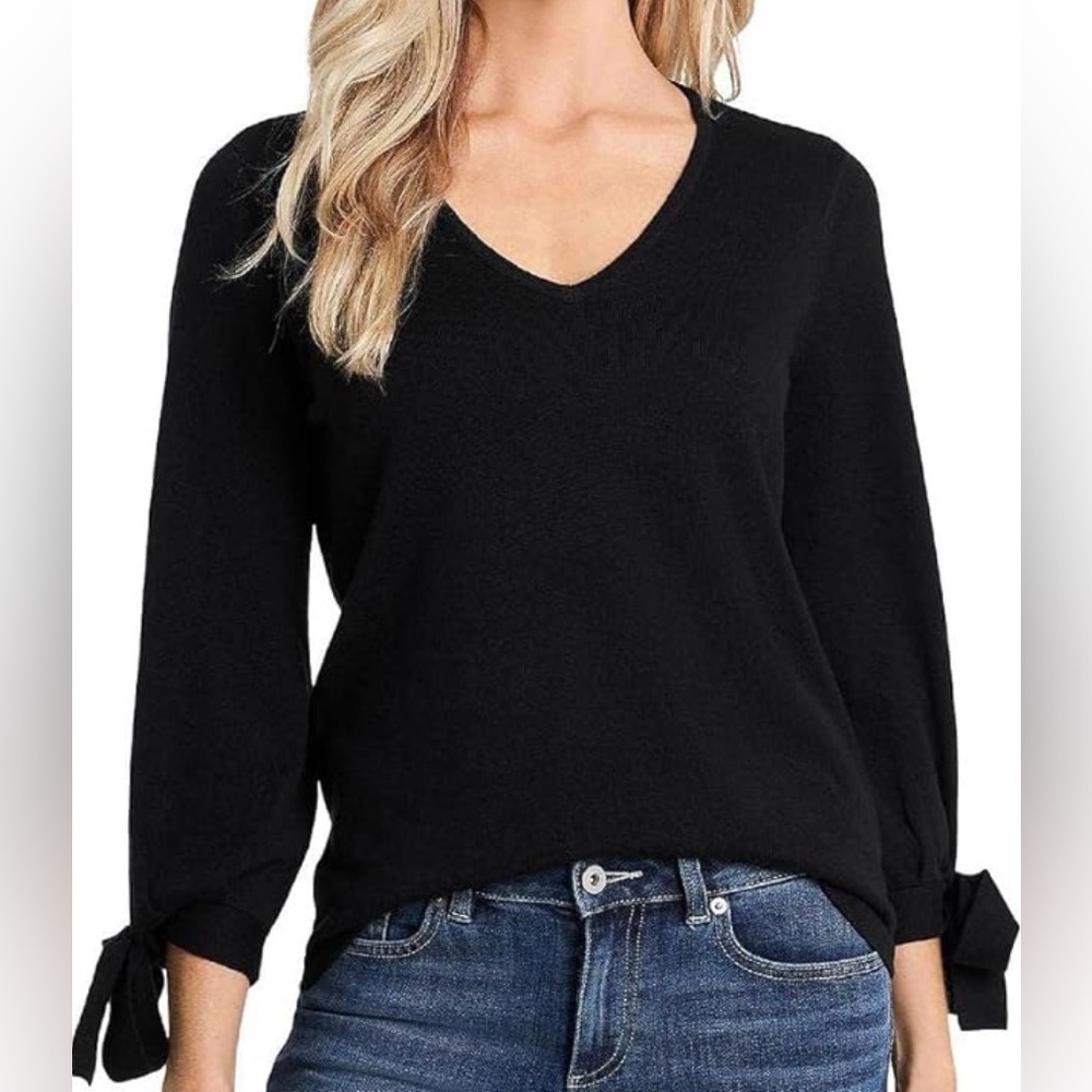 Cece Black Cotton V-Neck Tie Sleeve Sweater